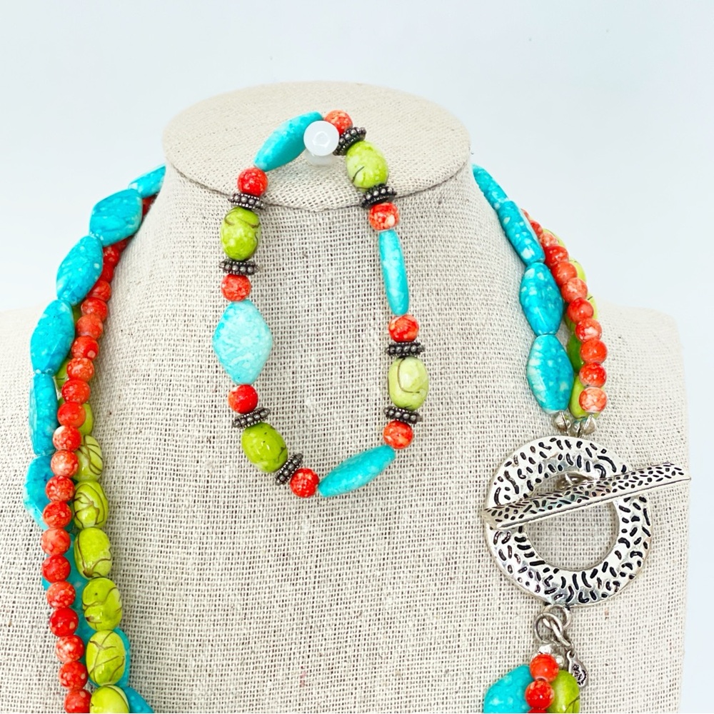 Premier Designs Southwest Beaded Necklace & Bracelet Set Turquoise Coral Lime - Picture 2 of 8
